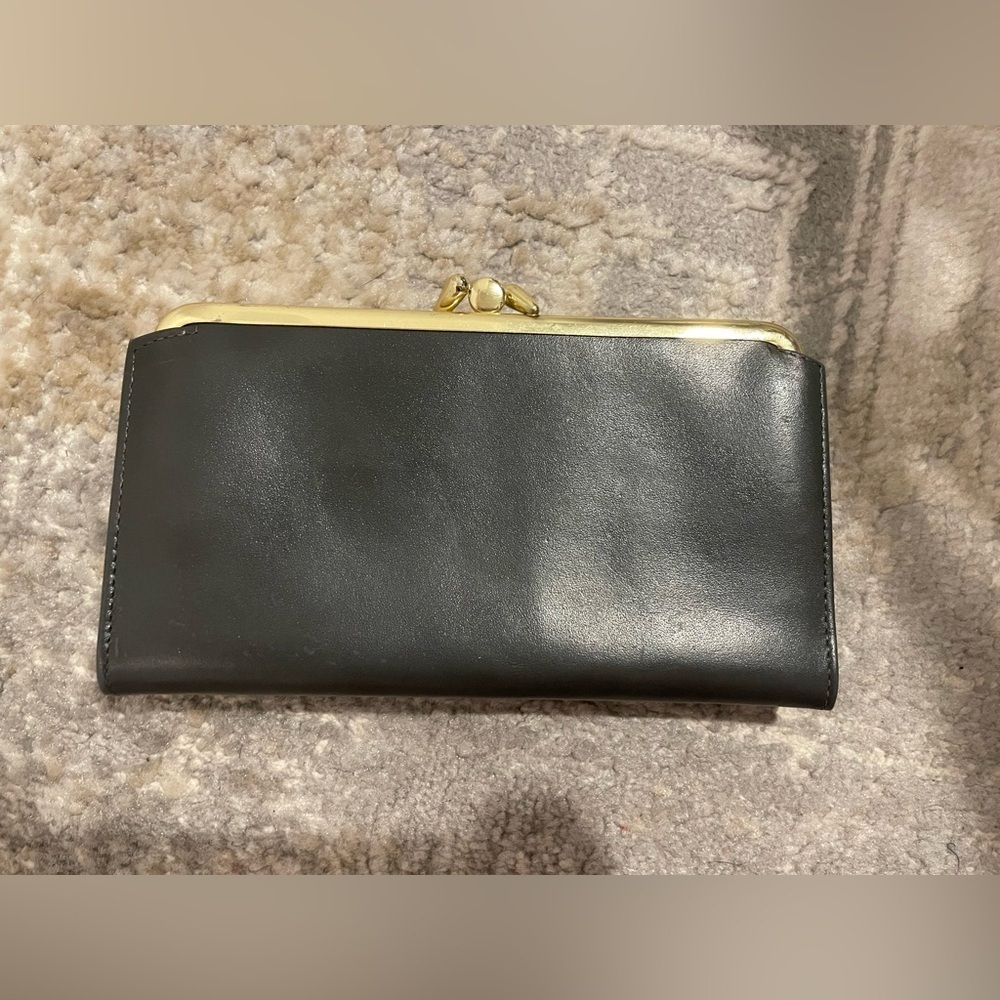 VTG Princess Gardner Cowhide Black Leather Trifold Kiss Lock Wallet Gold Metal - Picture 2 of 11